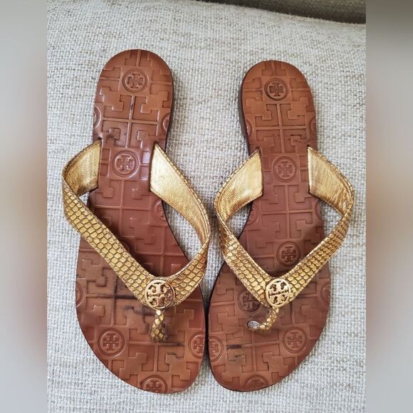Tory Burch Thora Tumbled Gold Snake Print Sandals Sz 6 - Picture 3 of 10